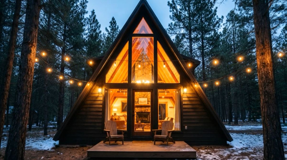 Example A-frame cabin glowing at dusk in a pine forest