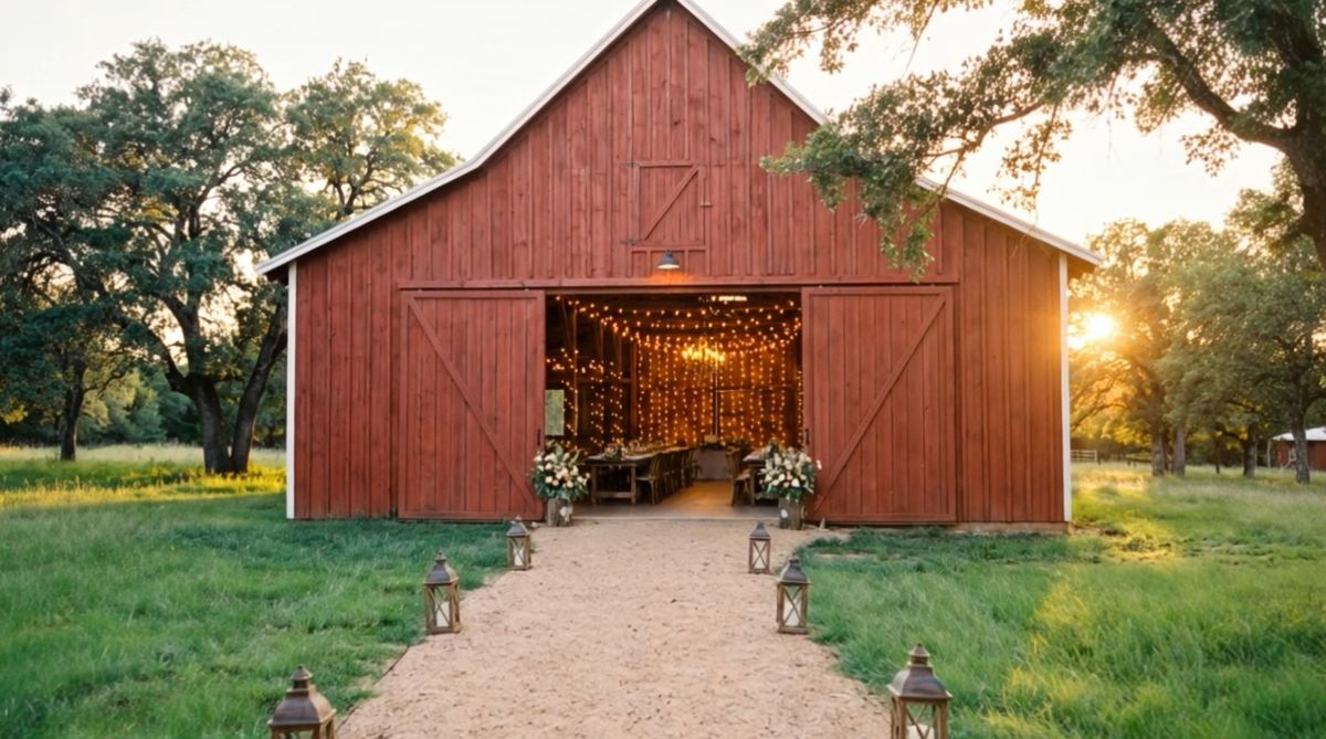 Example red wedding barn with lanterns along the path