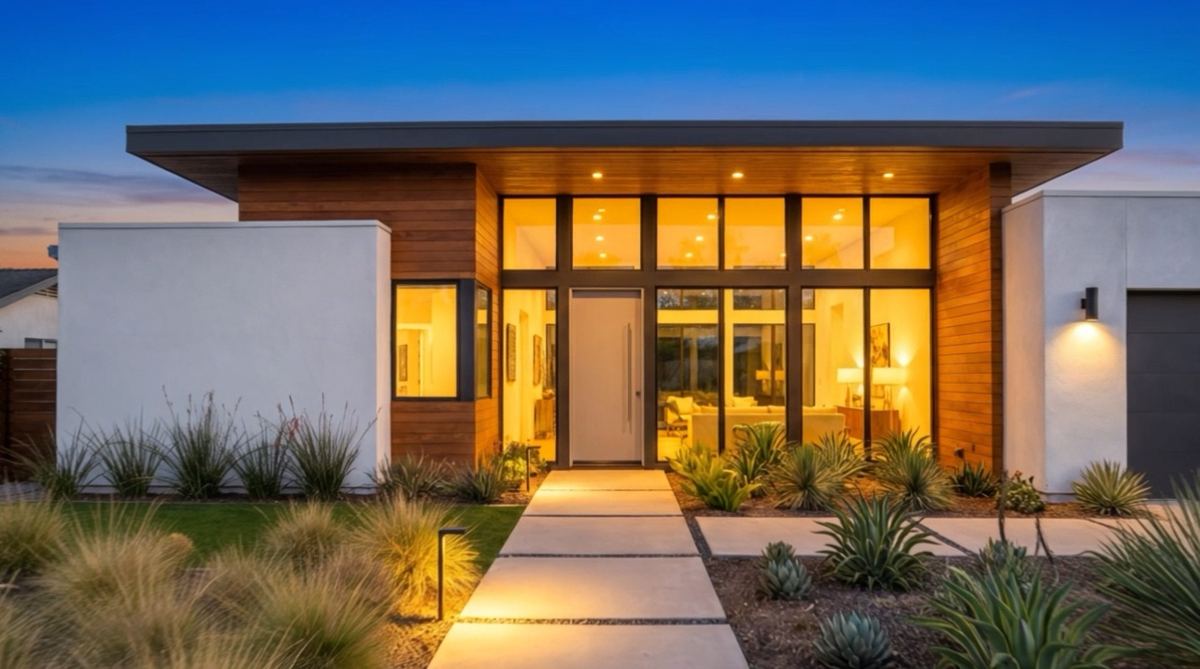 Example modern home at twilight